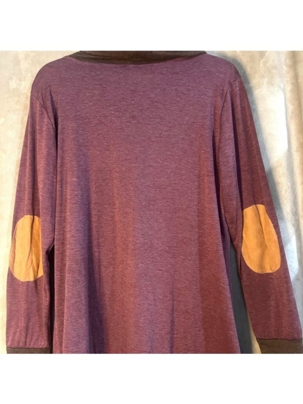 Women's Cowl Neck Scarf Pullover Blouse Turtleneck Burgundy Elbow Patches Tunic - Picture 14 of 16